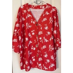 Red Floral Print Button Down 3/4 Sleeve Blouse Womens Casual Top‎ XL